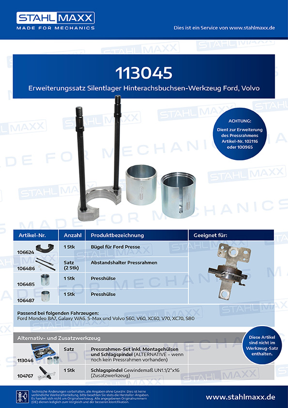 Erweiterungssatz Silentlager Hinterachsbuchsen-Werkzeug Ford, Volvo