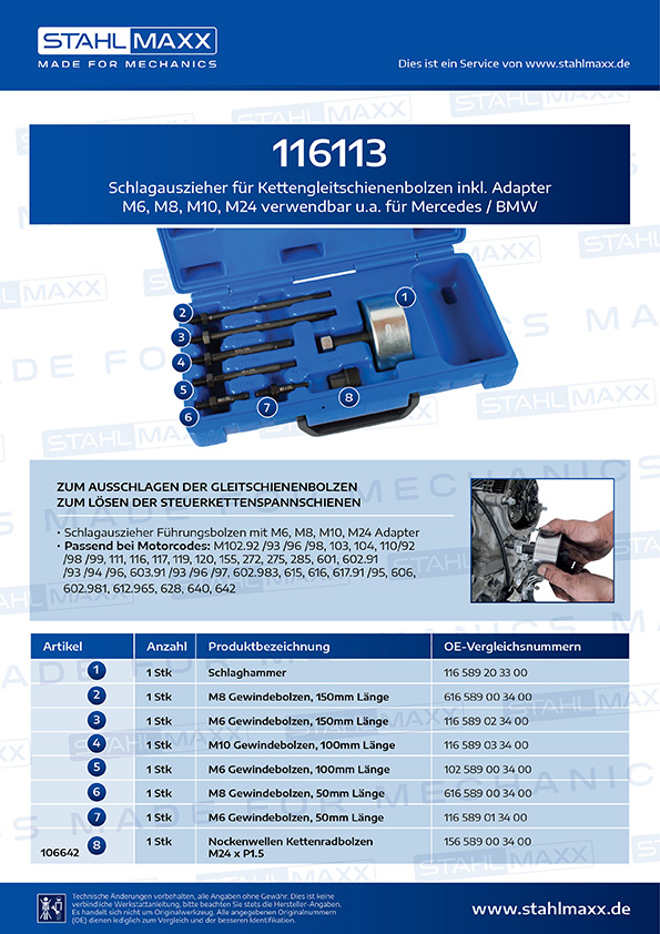 Schlagauszieher für Kettengleitschienebolzen inkl. Adapter M6, M8, M10, M24 für Mercedes, BMW